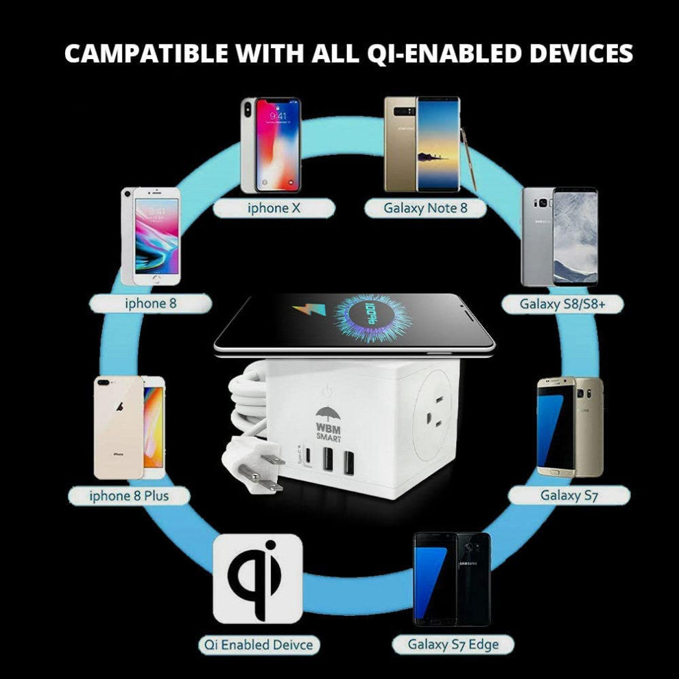 Wireless Charging Station 3, 1 Cube Power Strip 10A With USB Extension Cord