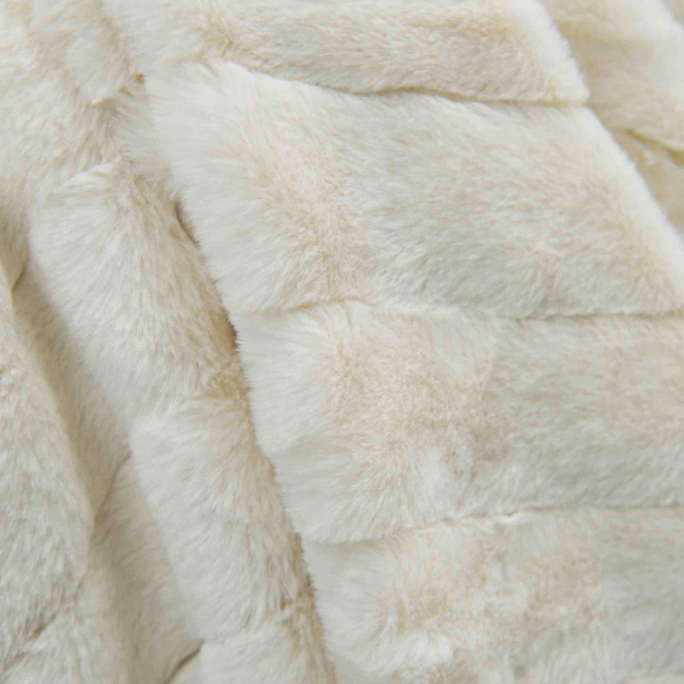 Rabbit Faux Fur Throw Blanket With 2 Pillows, Antique White