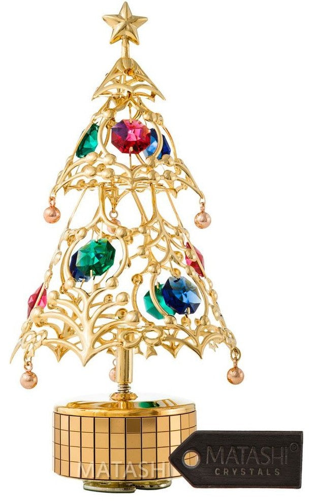 24K Gold Plated Christmas Tree Wind-Up Music Box Table Top Ornament