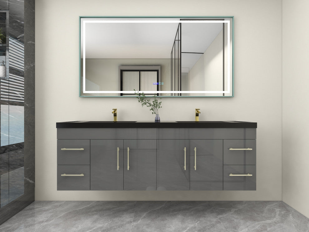Rosa 72" Wall Mounted Modern Vanity, High Gloss Gray, Matt Black Top