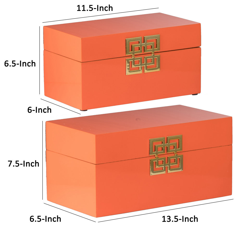 Benzara BM285589 14, 11" 2-Piece Set Boxes, Geometric Metal Accents, Orange
