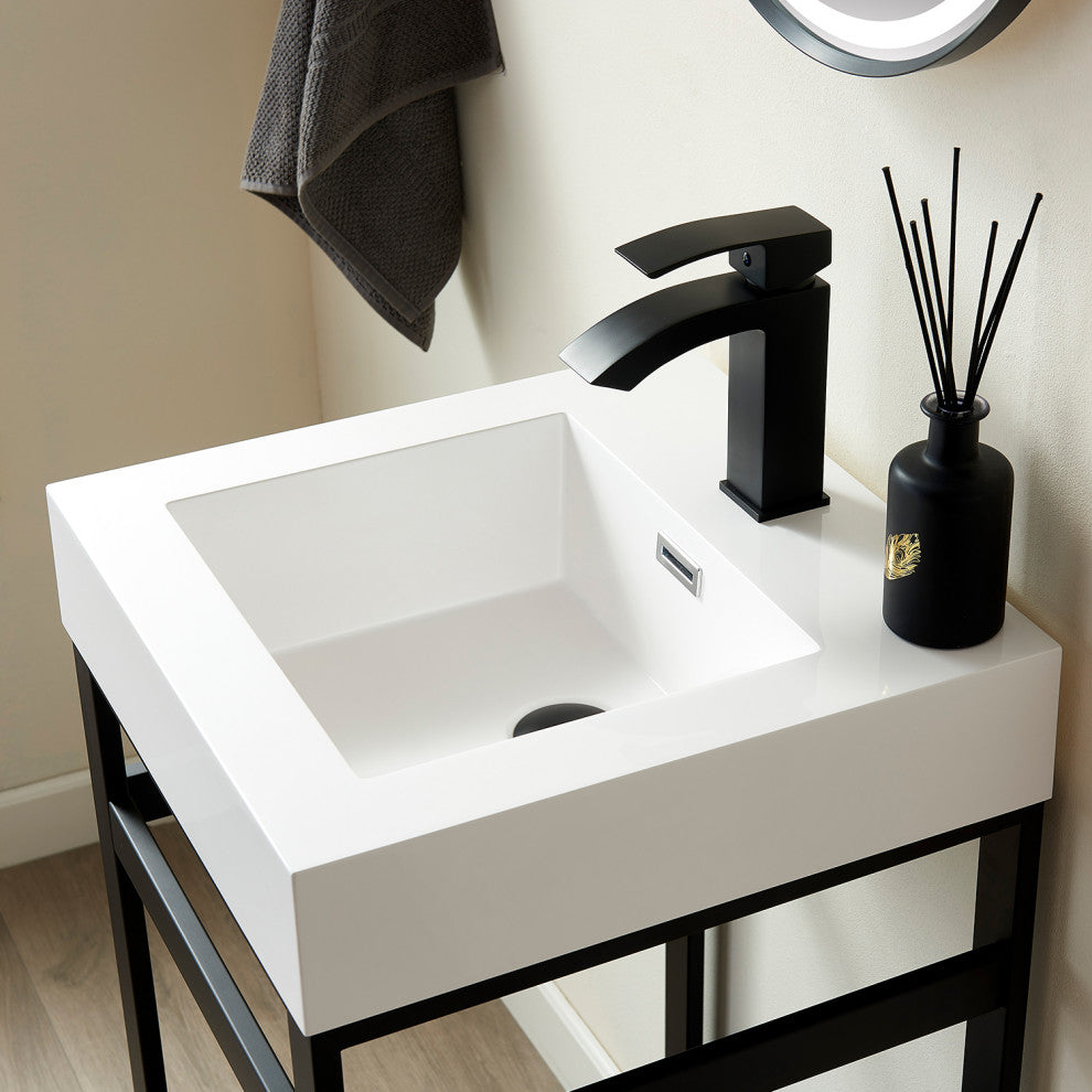 Ablitas Composite Granite Stone Console Bathroom Sink, White, 17.7"l X 17.7"w, Single Sink