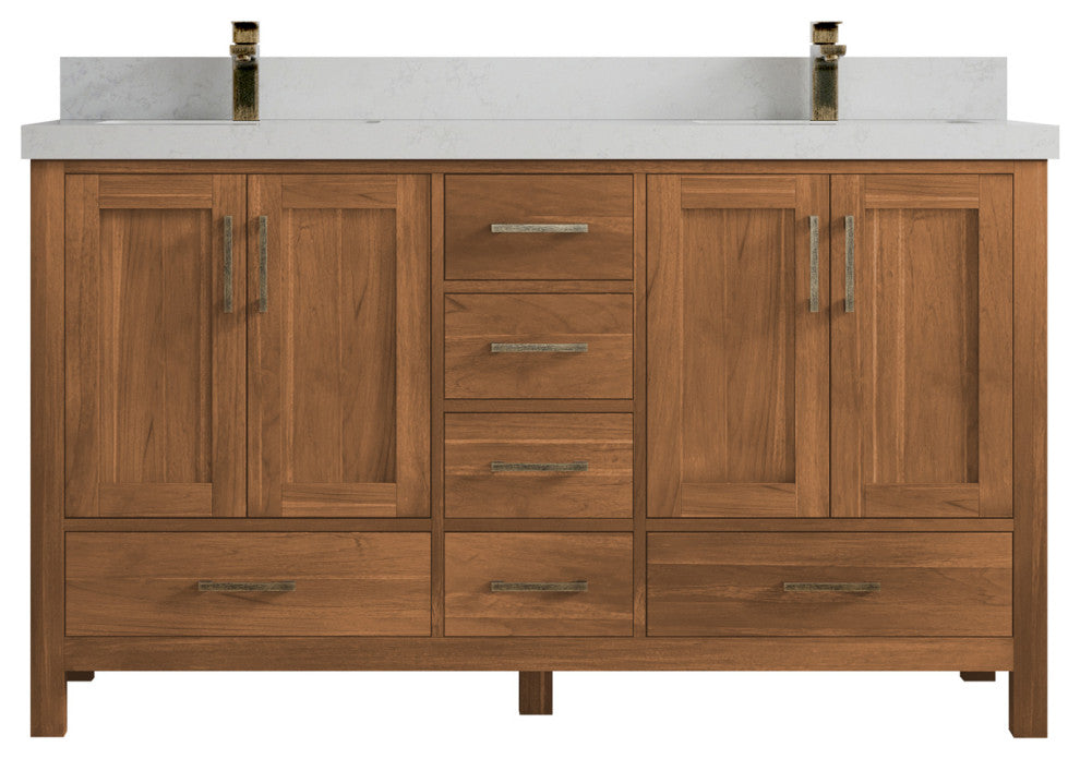 Malibu Teak 60 Double Sink Bathroom Vanity in Golden Teak 2" Carrara Quartz