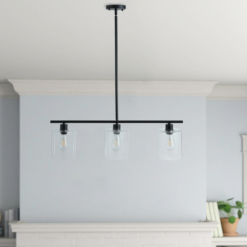 3-Light Kitchen Island Light Black Wrought Iron Linear Chandelier, Black
