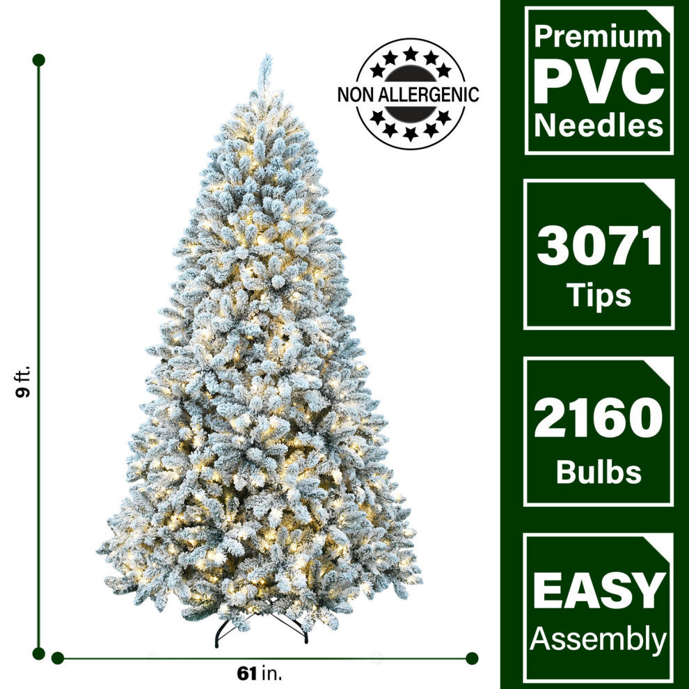 9-Ft. Flocked Winter Snow Pine Christmas Tree, Warm White LED Lighting