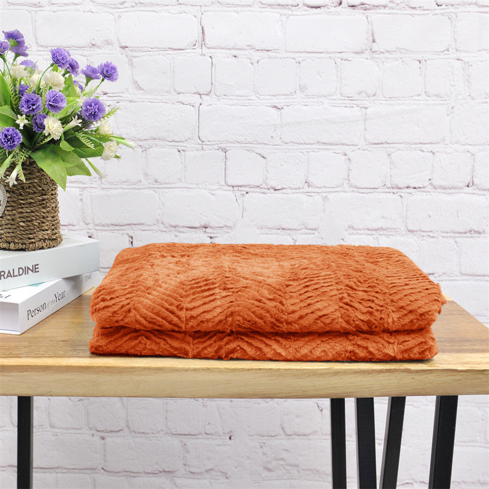 Herringbone Jumbo Over-Size Faux Fur Throw Blanket, Burnt Orange, 60"x80"