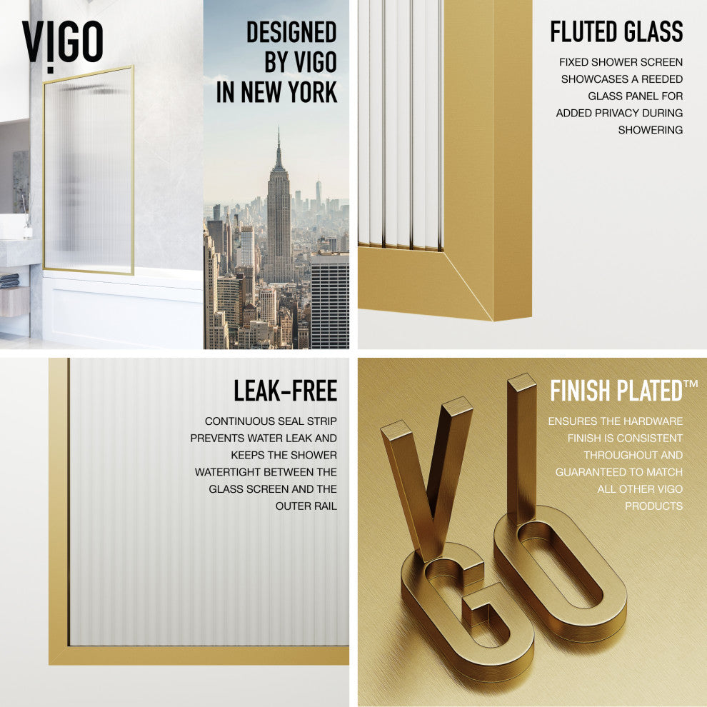 VIGO Meridian Framed Fixed, Matte Brushed Gold, Tub Screen, 34" W X 62" H, Fluted Glass