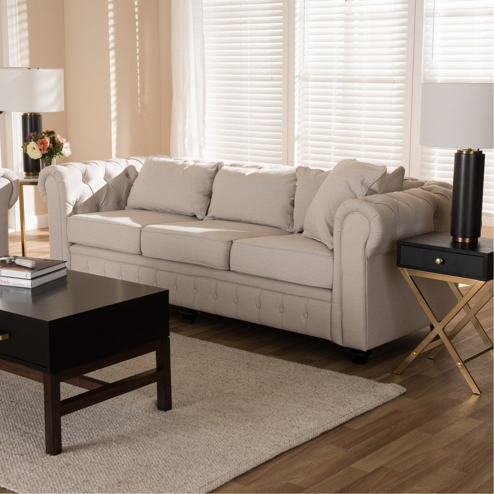 Alaise Modern Classic Beige Linen Tufted Scroll Arm Chesterfield Sofa
