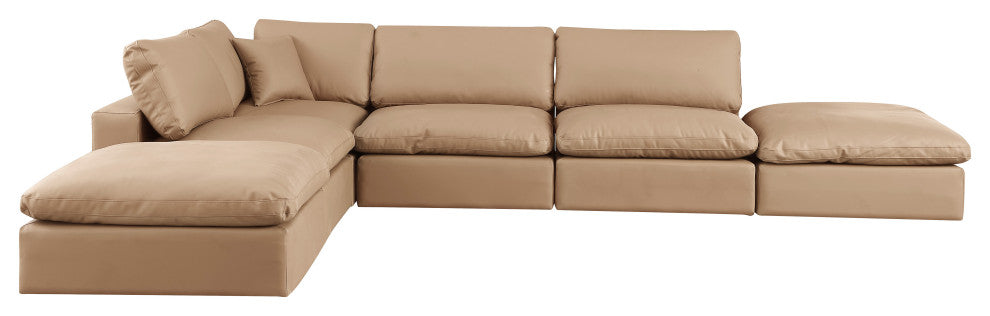 Comfy Upholstered L-Shaped Modular Sectional, Tan, 6-Piece: 3 Armless Chair, 1 Corner Chair, 2 Ottoman, Vegan Leather