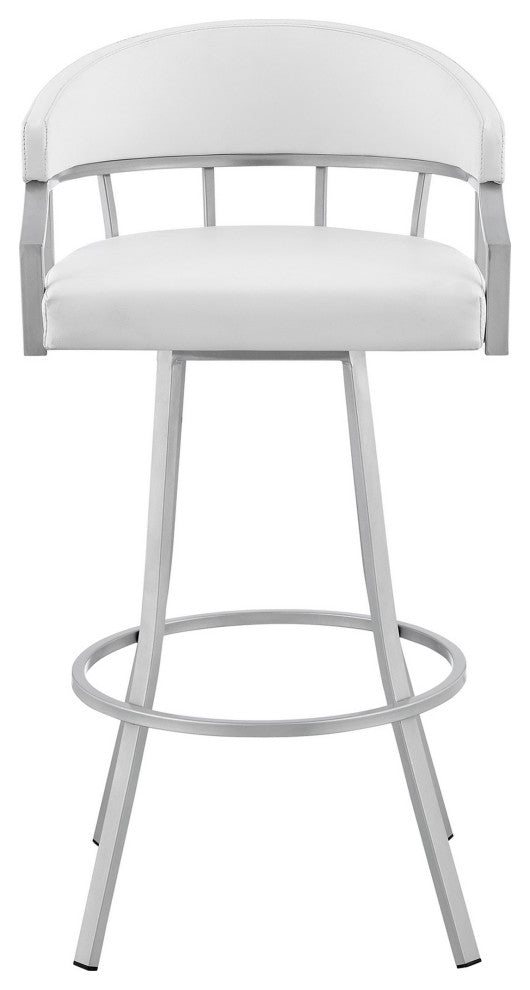 Benzara BM282044 30" Swivel Bar Stool, Silver Flared Legs, White Faux Leather