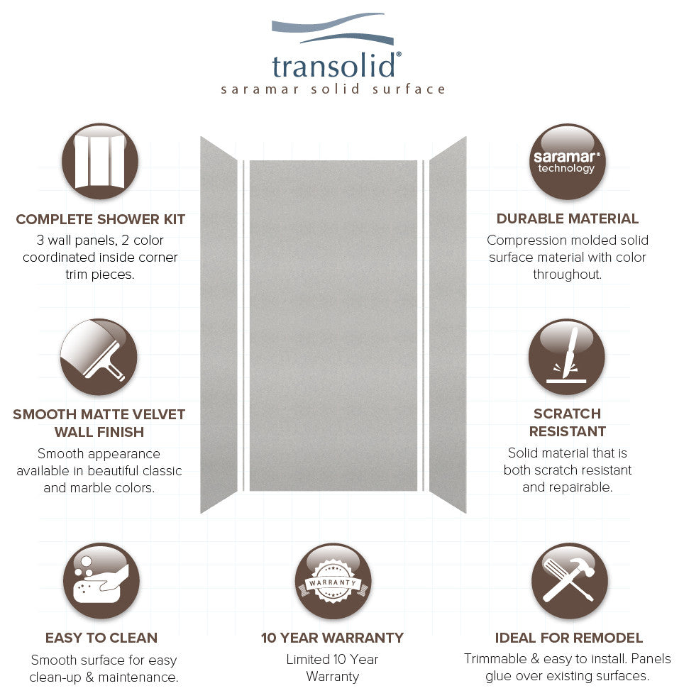 Transolid SaraMar 48"x36"x96" 3-Piece Shower Wall Kit, Grey Beach Velvet