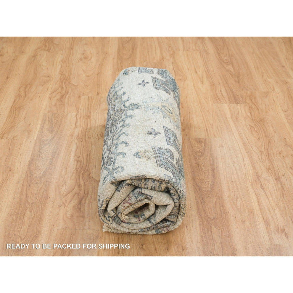 Ivory Wool Hand Knotted Reimagined Persian Viss Round Oriental Rug, 9'9"x9'9"