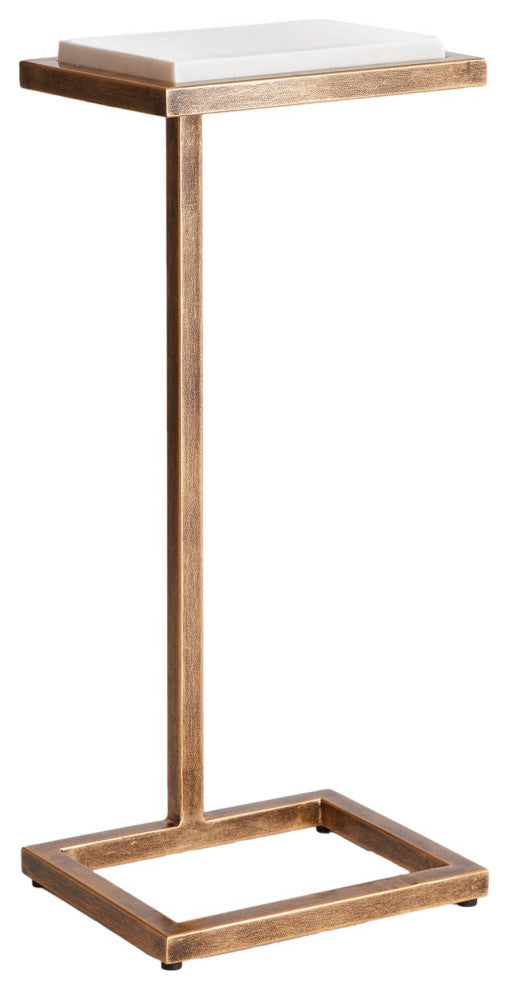 Petite Minimalist Bronze White Accent Table Cantilever Pull Up Marble Metal Gold