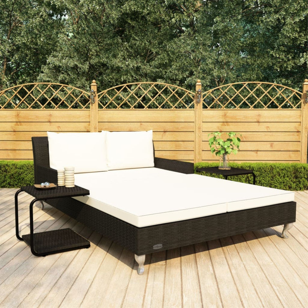 Vidaxl 2-Person Garden Sun Bed With Cushions Poly Rattan Black