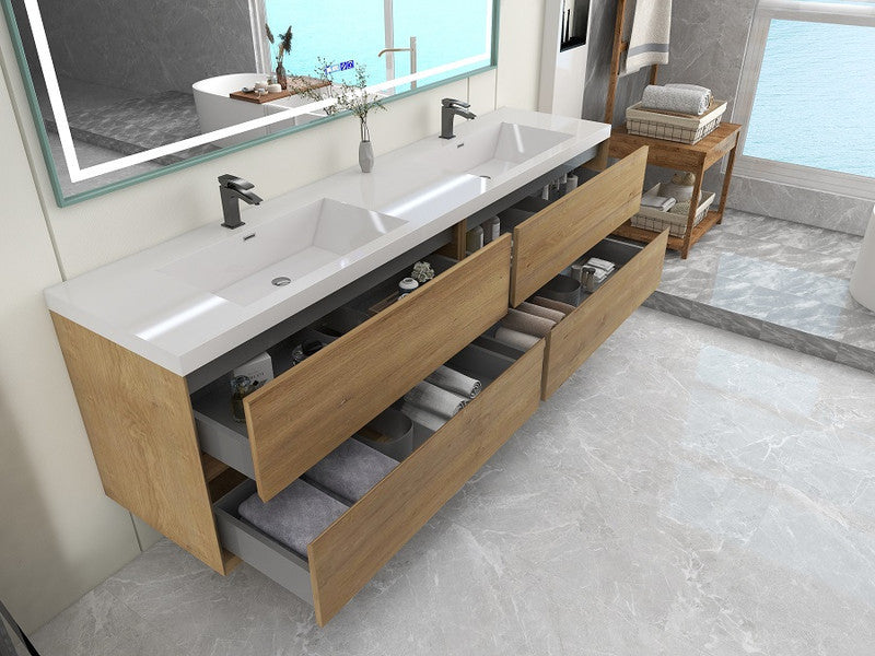 Ashley 84'' Floating Vanity, Acrylic Top, Double Sink, White Oak