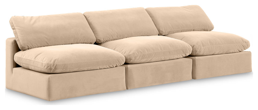 Comfy Upholstered Modular Sofa, Beige, 3-Piece: 3 Armless Chair, Velvet