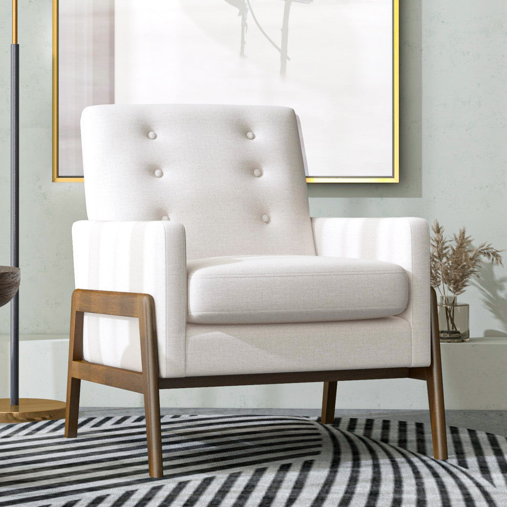 Stella Mid-Century Modern Tufted Back Upholstered Lounge Chair, Cream