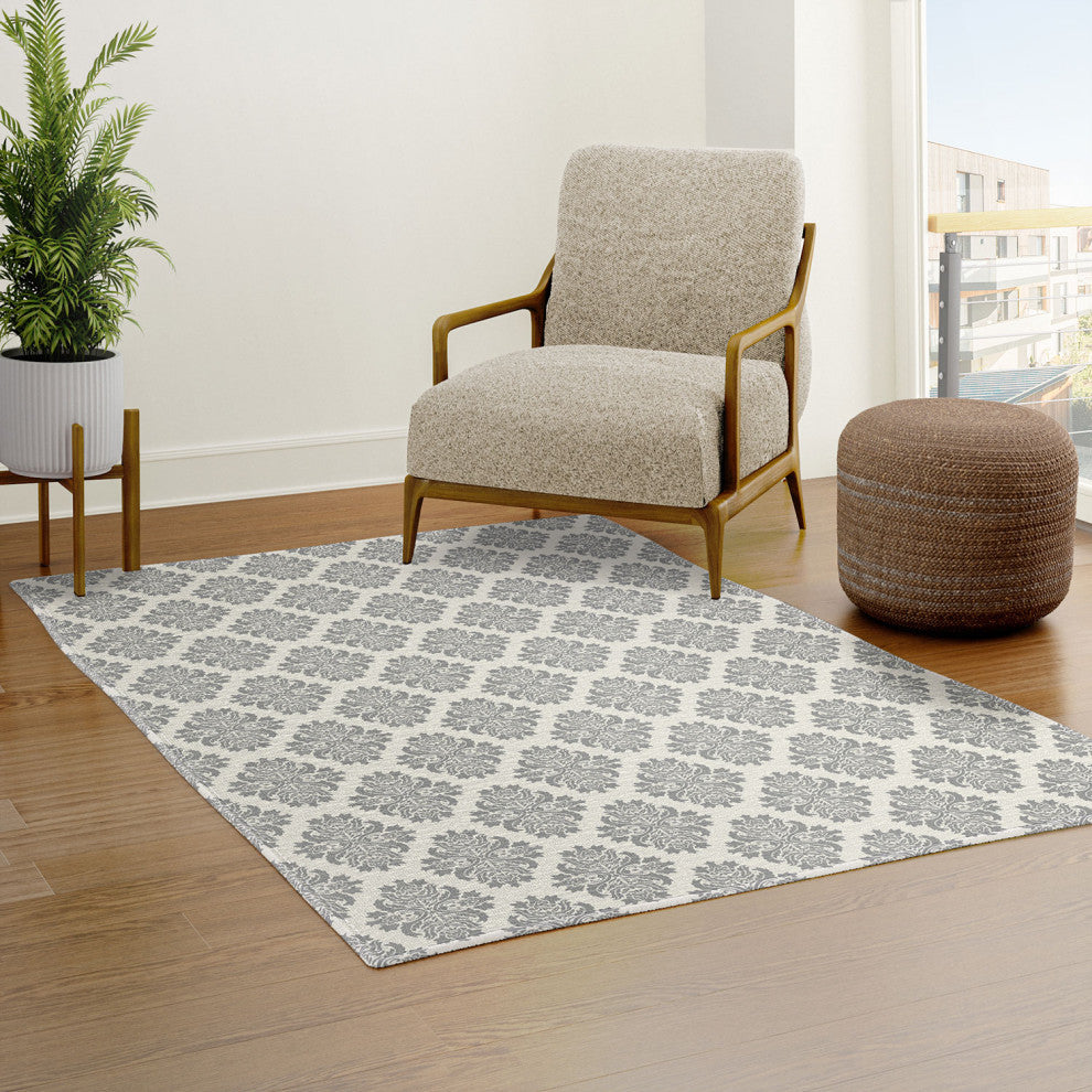 Avenie Neutral Damask Flourish Area Rug