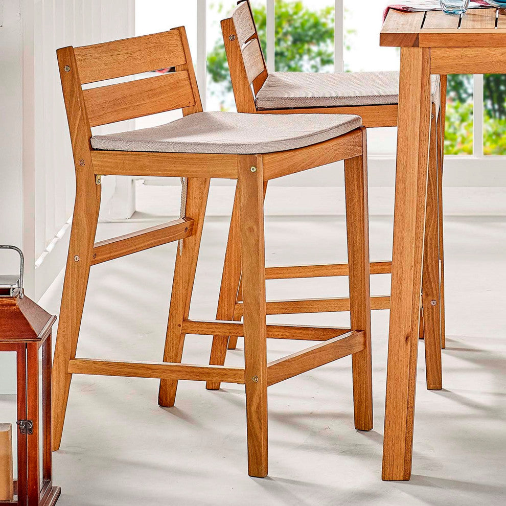 Bar Side Stool Chair, Wood, Brown Natural Taupe Gray, Modern, Outdoor Patio Cafe