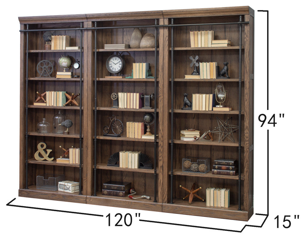 8' Tall Bookcase Wall With Ladder, Storage Organizer, Brown