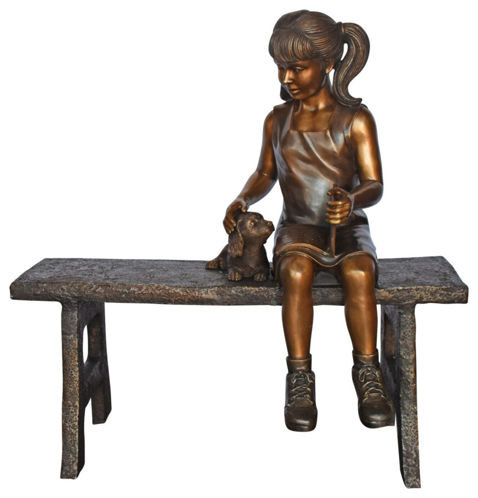 Young Girl with Her Puppy on Bench Reading Bronze Statue, Size 37" x 17" x 38"