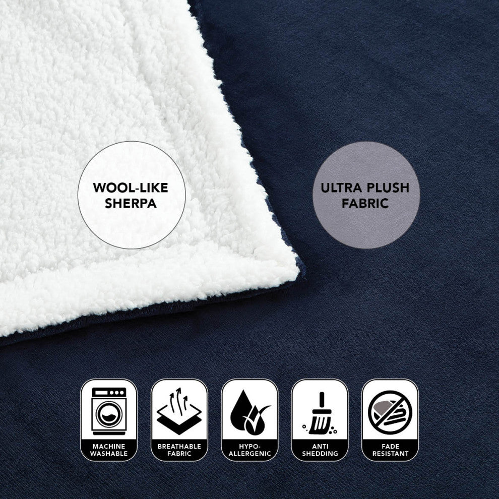 Amarey Flannel Reversible Sherpa Throw Blanket, Navy, 90"x90"