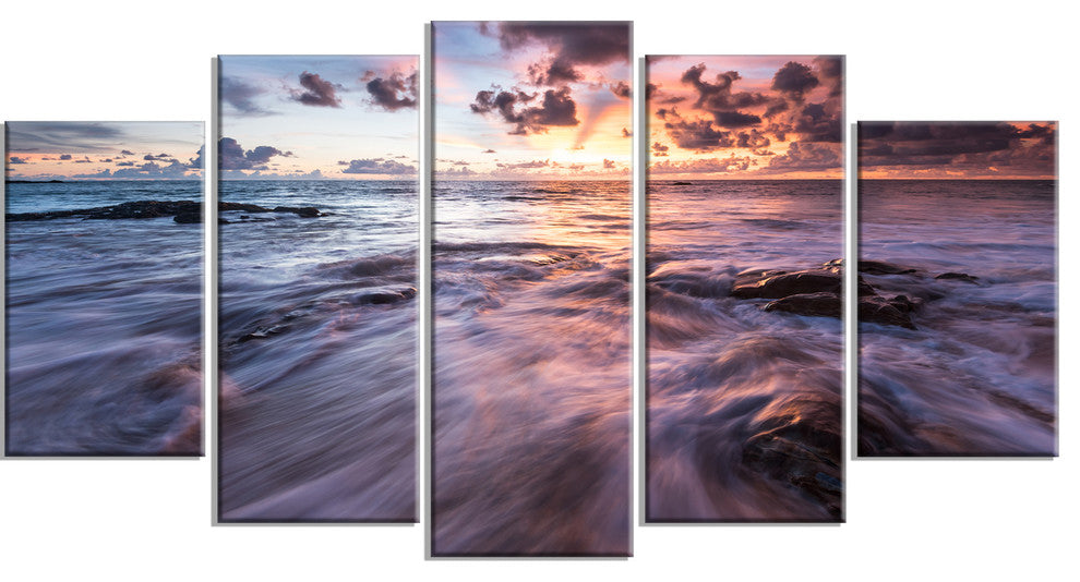 Waves Hitting Rocky Beach, Beach Photo Canvas Print, 60"x32", 5 Panels