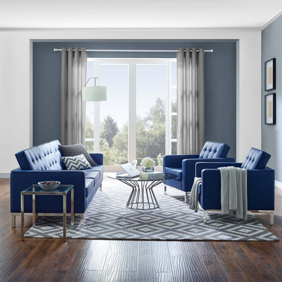 Tufted Armchair and Sofa Set, Faux Leather, Silver Blue Navy, Modern, Lounge