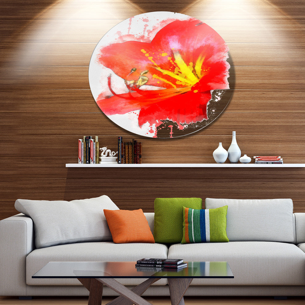 Bright Red Lily Illustration Art, Floral Large Disc Metal Wall Art, 23"