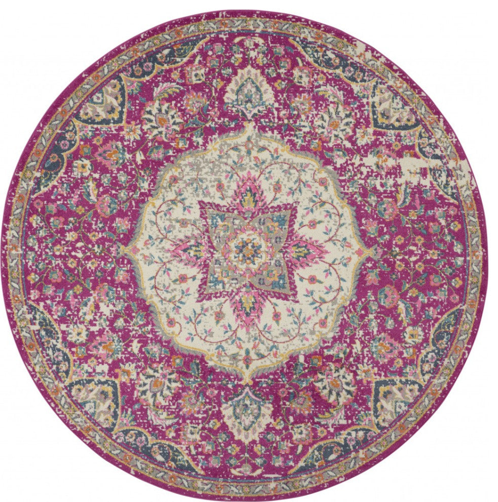 8 Round Pink and Ivory Medallion Area Rug