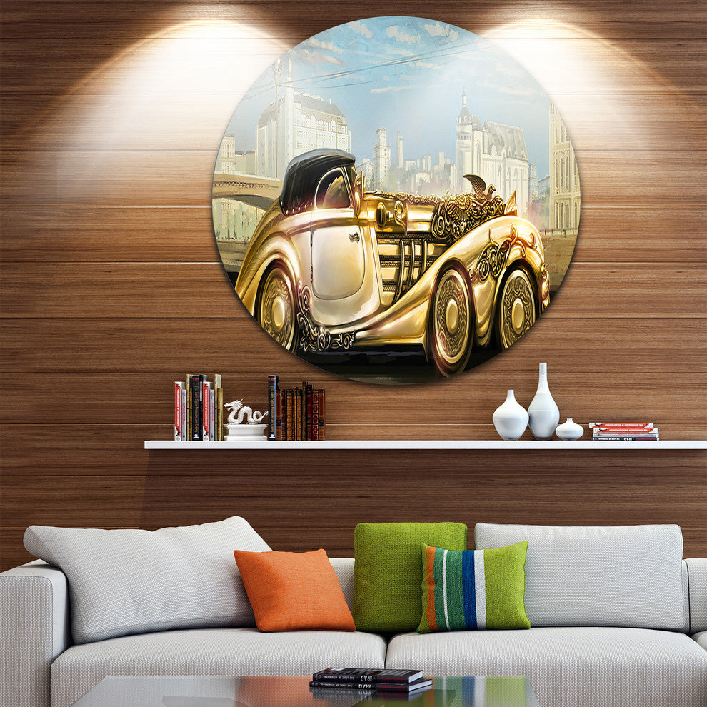 Futuristic Gold Machine, Digital Large Disc Metal Wall Art, 23"