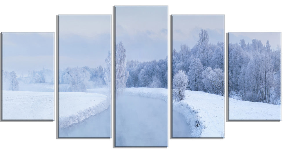 "Blue Frosty Winter Weather Panorama" Landscape Wall Art, 5 Panels, 60"x32"