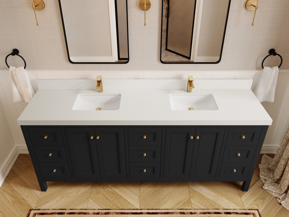 Nashville 84" Double Sink Bath Vanity, Black 2" White Quartz