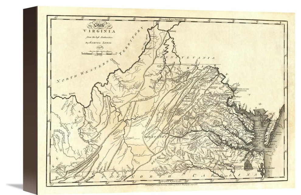 "State of Virginia, 1795" Stretched Canvas Giclee by Mathew Carey, 16"x11"