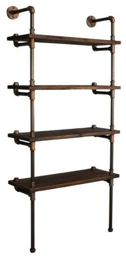 Sacramento Industrial 33" 4-Tier Bookcase, Brushed Brass Gray Steel/Natural Wood