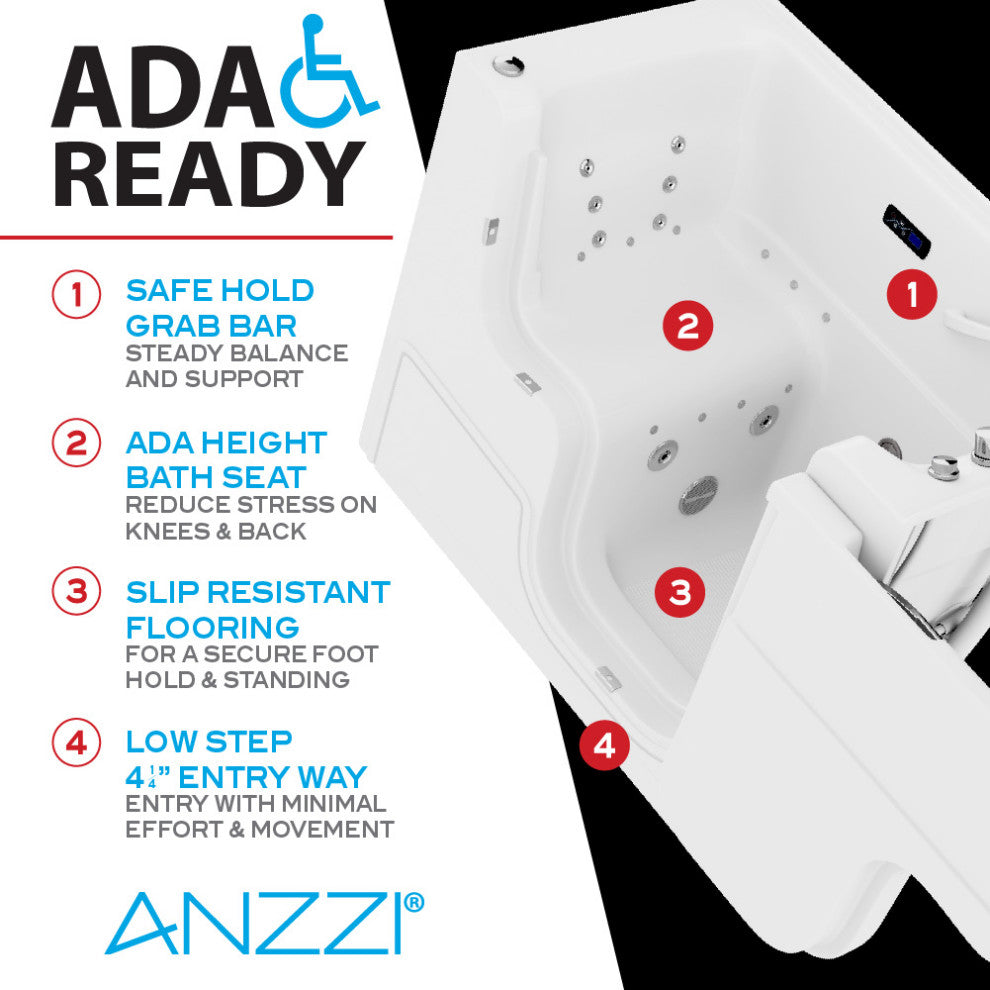 Left Drain Fully Loaded Walk-in Bathtub With Air and Water Jets, 2953 Right Drain Wheelchair
