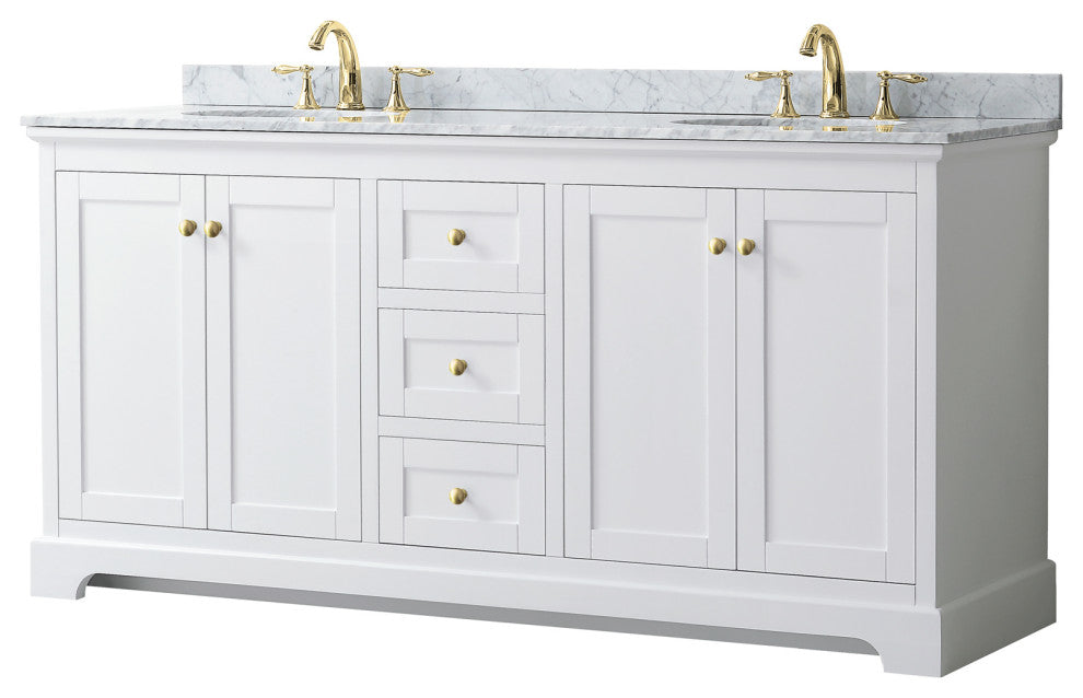 72" Double Bath Vanity, White, White Carrara Countertop, Sinks, Gold Trim