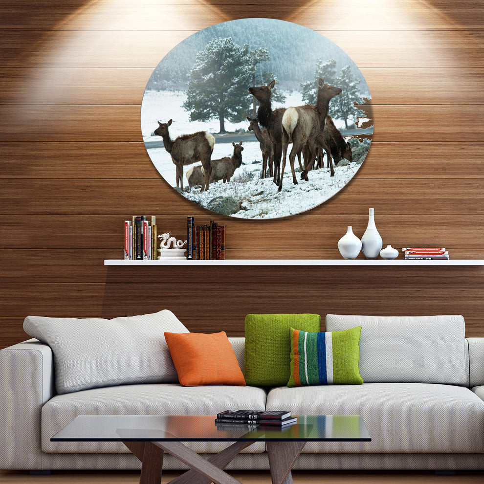 Gang Of Deer In Rocky Mountains, Landscape Disc Metal Wall Art, 36"