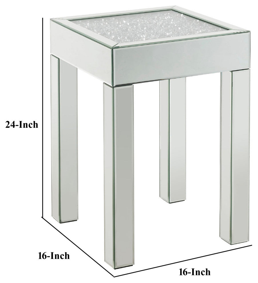 Benzara BM250372 End Table With Faux Acrylic Diamond Top and Block Legs, Silver