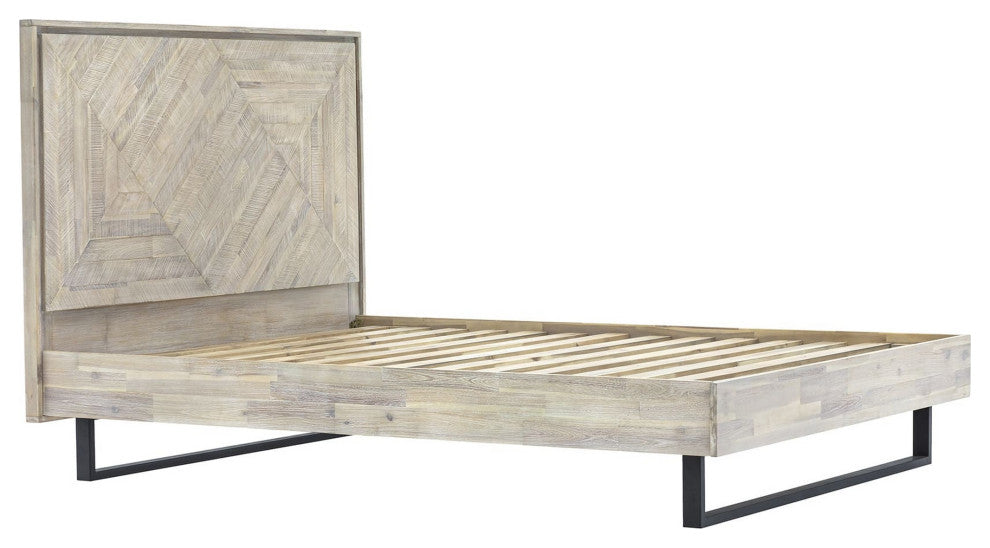 Benzara BM282077 Wood Queen Platform Bed Frame, Metal Sled Base, Natural Brown
