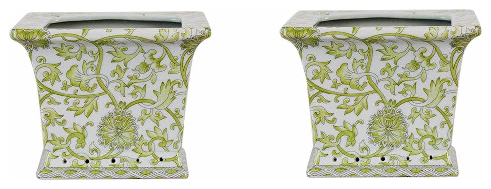 Set of 2 Green and White Twisted Lotus Square Porcelain Flower Pots 6"
