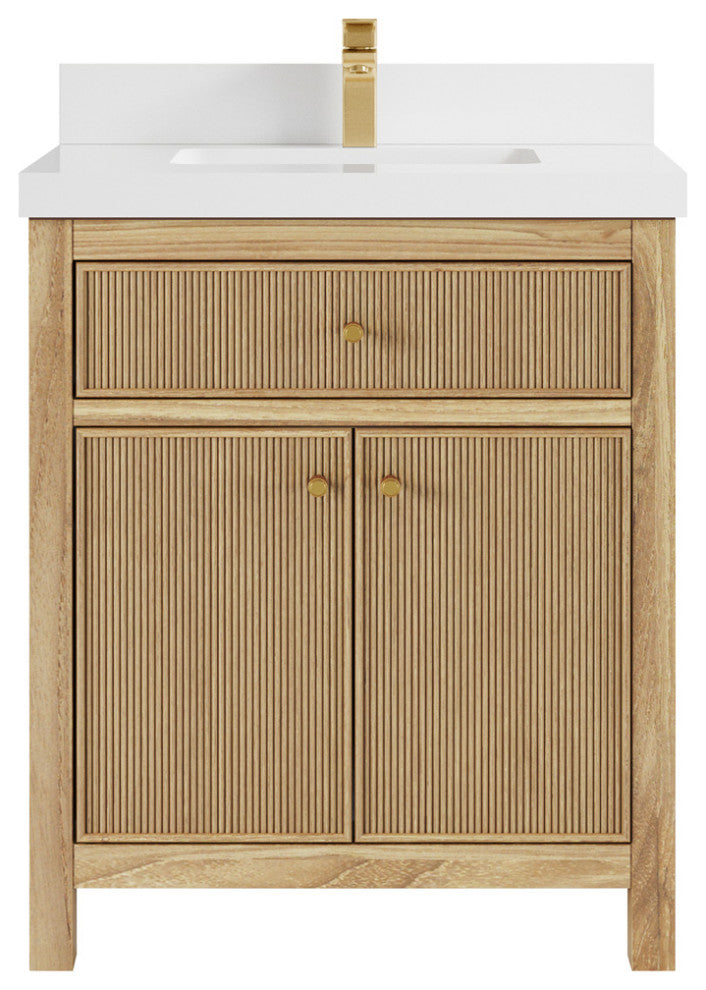 Sonoma Teak 30 Single Sink Bath Vanity Light Natural Teak 2" White Quartz