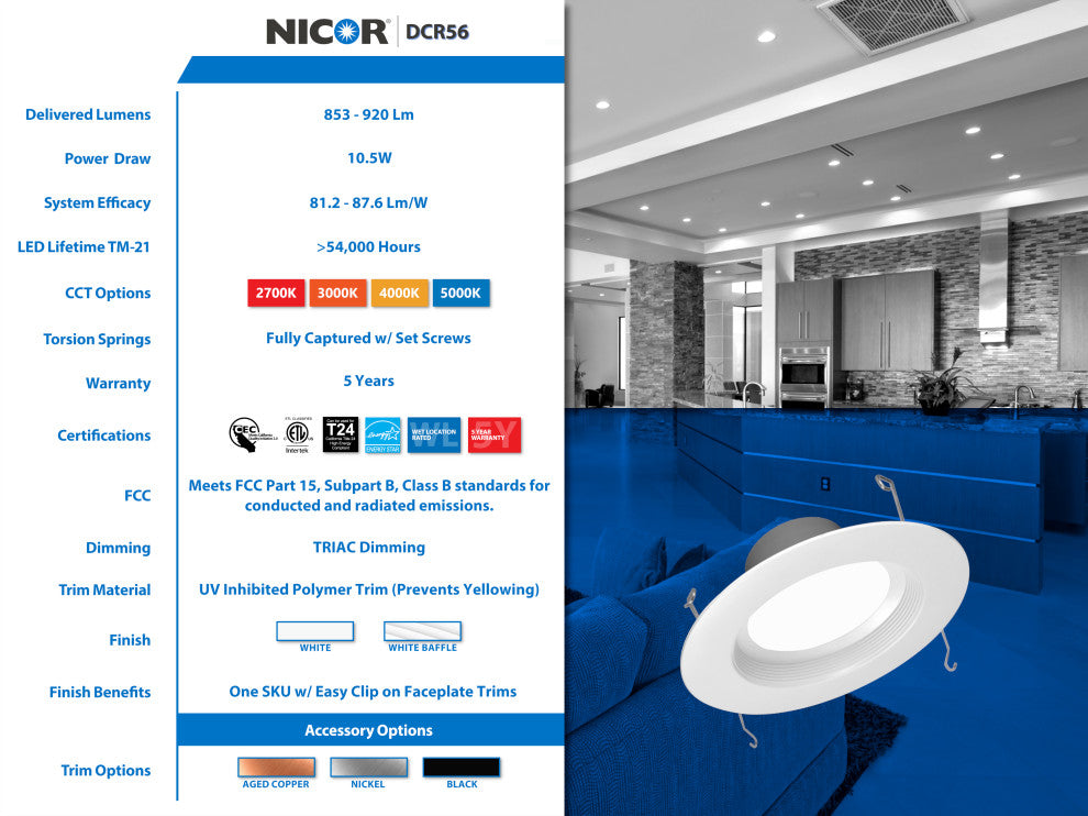 DCR56 LED Recessed Downlight Retrofit, White, Baffle, 2700k (Warm White)