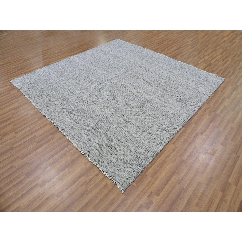 Silver Gray Undyed Wool Grass Design Hand Knotted Square Oriental Rug 8'x8'