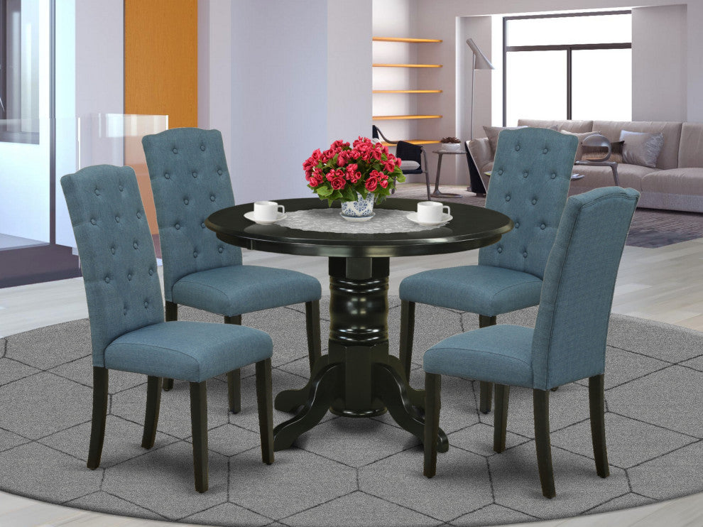 5Pc Dining Set, Round Room Table, Four Parson Chairs, Blue Fabric, Black Finish
