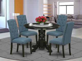 5Pc Dining Set, Round Room Table, Four Parson Chairs, Blue Fabric, Black Finish