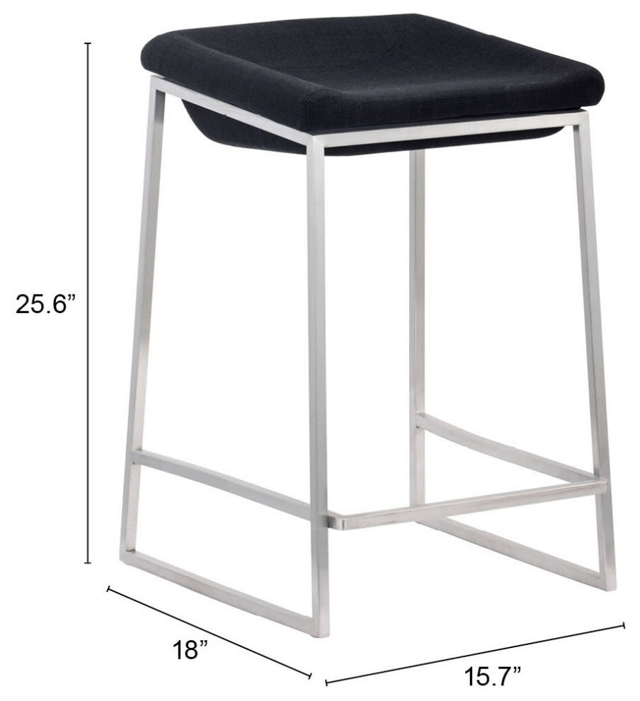 Counter Stool Chair, Set of 2, Steel Metal, Fabric, Gray, Silver, Cafe