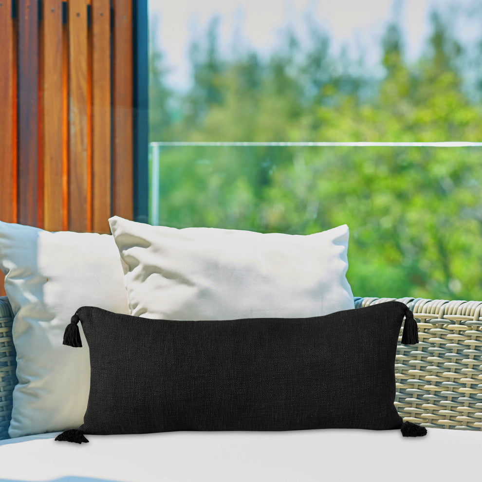 Ox Bay Handwoven Black Solid Organic Cotton Pillow Cover, 14"x36"