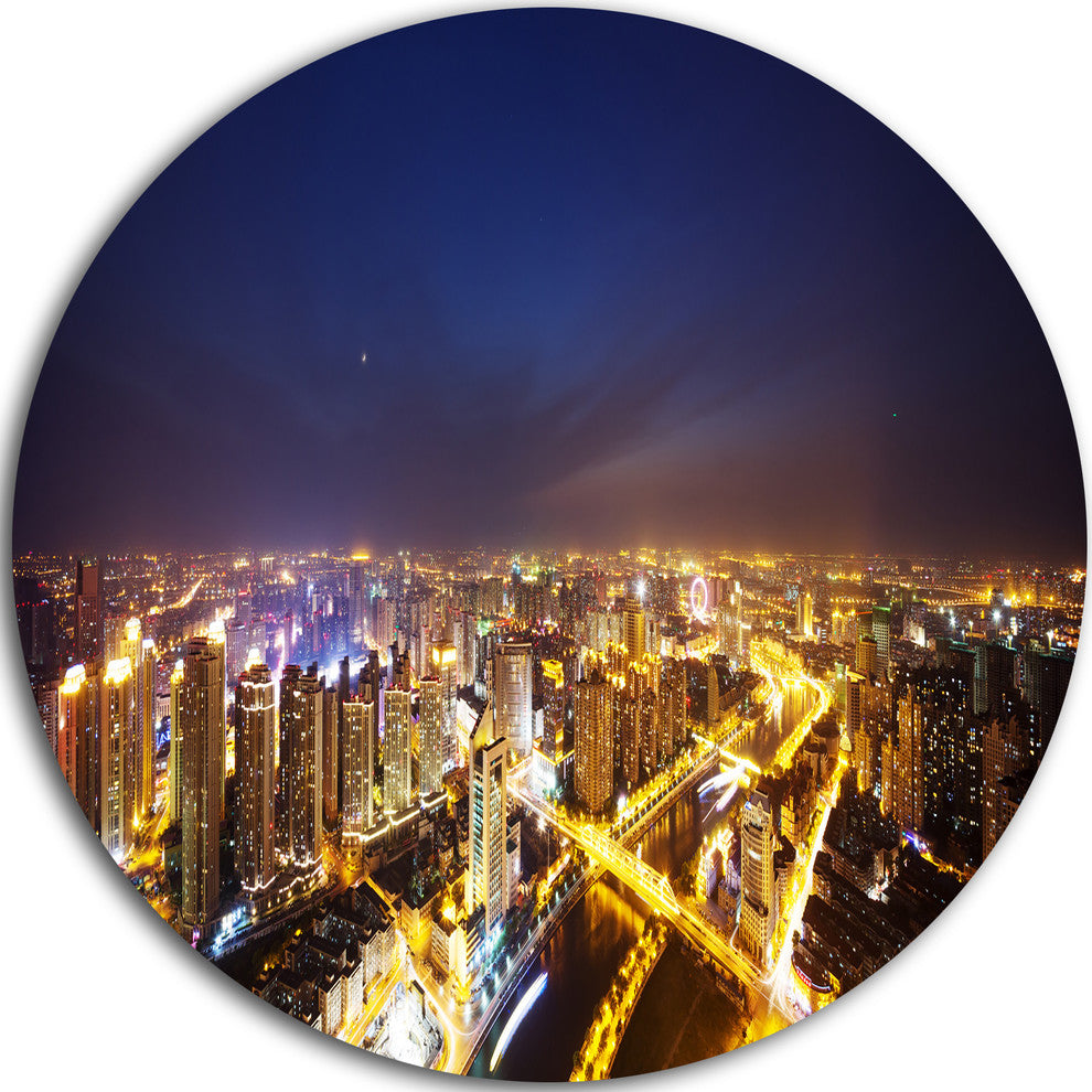 Downtown Nighttime Panorama, Cityscape Disc Metal Artwork, 36"