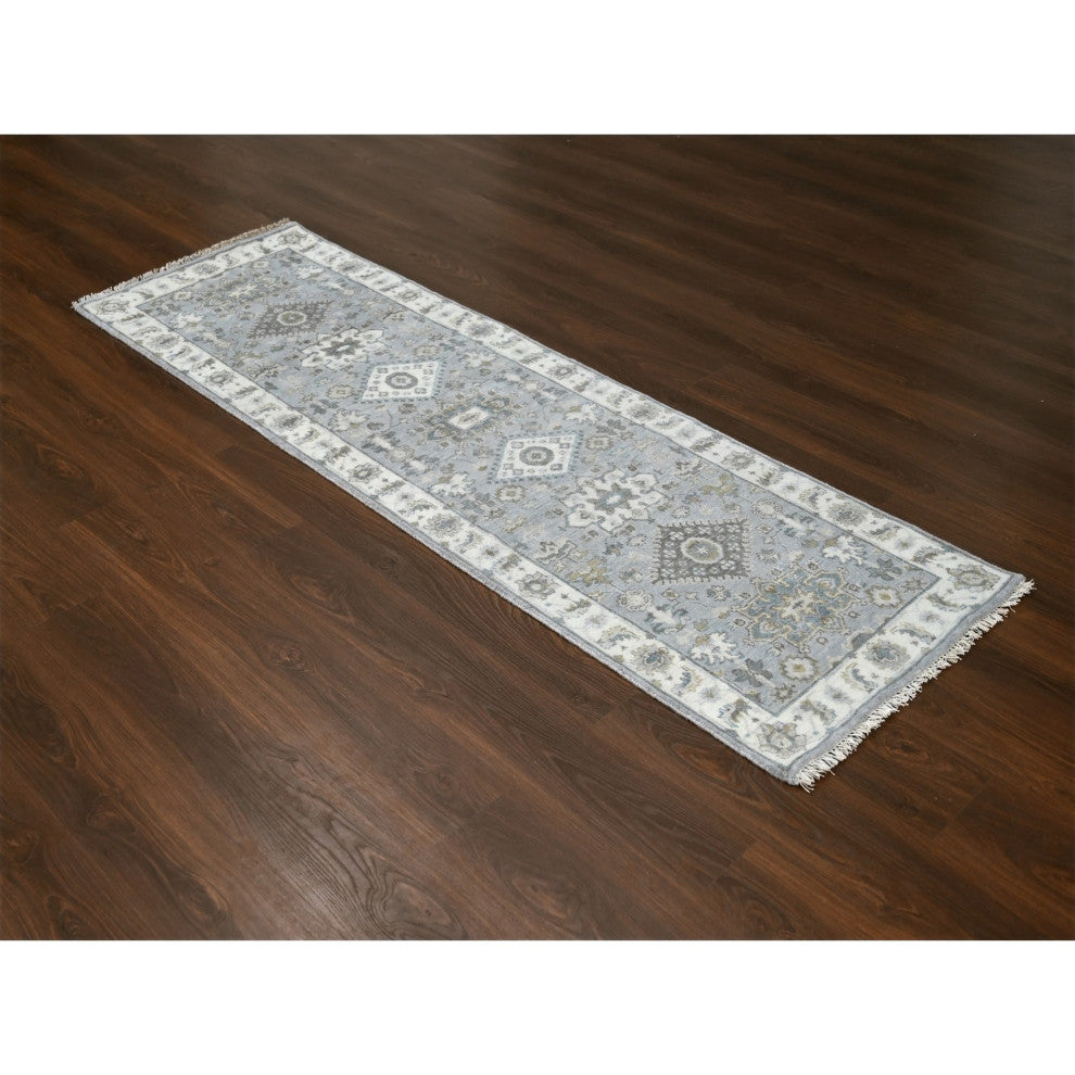 Medium Gray, Karajeh Design, 100% Wool, Hand Knotted, Runner Rug, 2'8"x7'10"